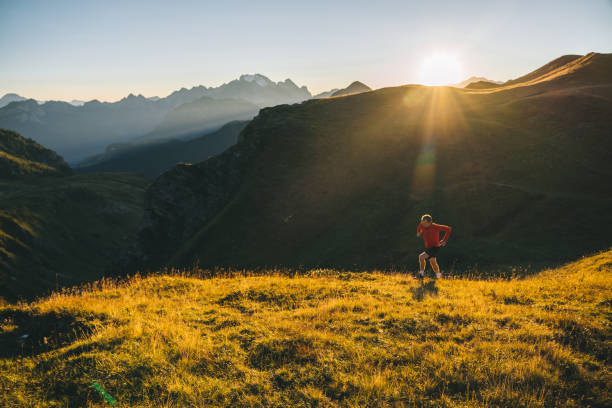 istock Trail runner traverses alpine meadow at sunrise 1277727151