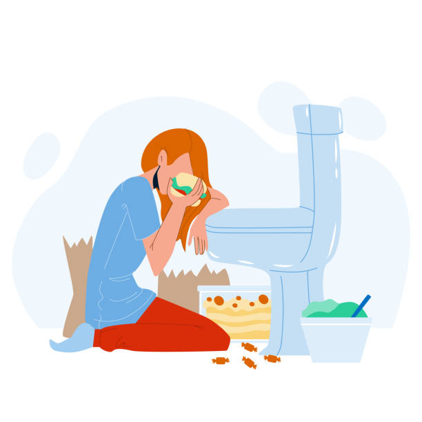 Woman Nutrition Disorder Bulimia Problem Vector Woman Nutrition Disorder Bulimia Problem Vector. Young Sad And Depressed Bulimic Girl Feeling Sick Bulimia Guilty Sitting On Floor Leaning On Toilet Eating Burger. Character Flat Cartoon Illustration eating disorder stock illustrations