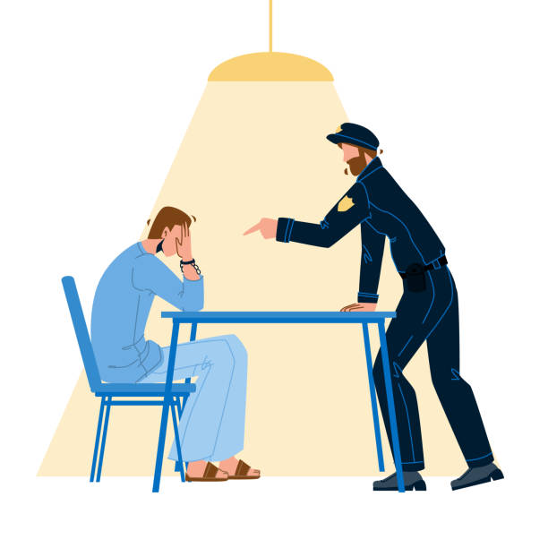 Policeman Interrogation Criminal Prisoner Vector Policeman Interrogation Criminal Prisoner Vector. Detective Police Man And Bandit With Handcuffs In Interrogation Room Interviewing After Committed Crime. Characters Flat Cartoon Illustration police interview stock illustrations