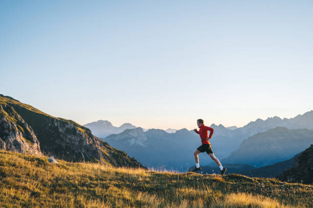 istock Trail runner traverses alpine meadow at sunrise 1277728131
