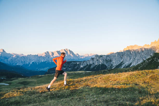 istock Trail runner traverses alpine meadow at sunrise 1277728148