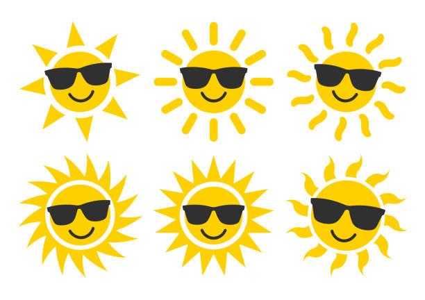 ilustraciones, imágenes clip art, dibujos animados e iconos de stock de sonrisa sol y gafas de sol estilo plano icono clima y el sol conjunto. pronóstico de la colección de símbolos del logotipo. imagen de ilustración vectorial. aislado sobre fondo blanco. - sun