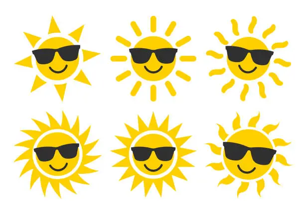 Vector illustration of Smile Sun and sunglasses flat style icon weather and sunshine set. Forecast logo symbol collection. Vector illustration image. Isolated on white background.