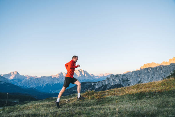 istock Trail runner traverses alpine meadow at sunrise 1277728597