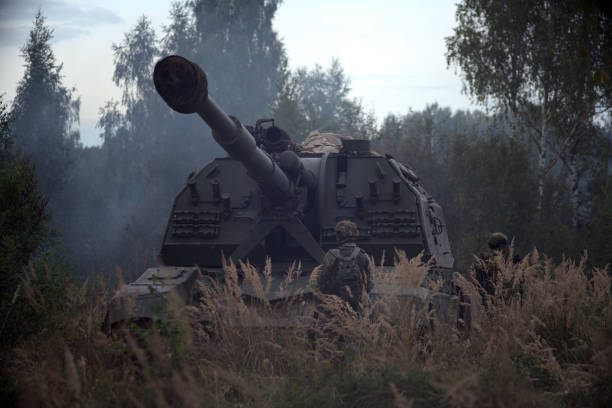 istock Tank at firing positions. Battlefield. 1277729521