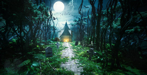 istock 3D illustration of haunted forest at full moon. 1277730029