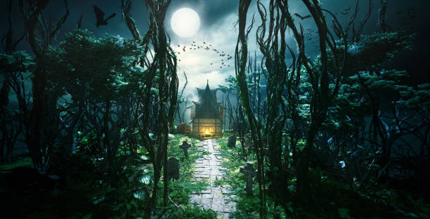 3d-illustration von spukwald mit haus am ende des weges - gothic style horror cemetery spooky stock-fotos und bilder