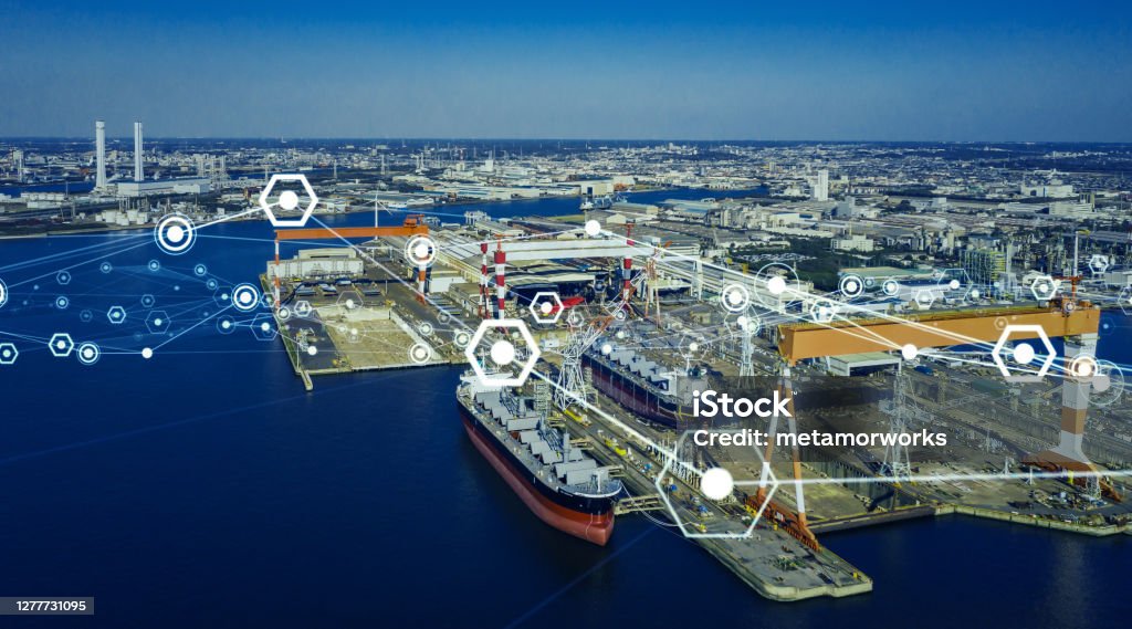Modern shipyard aerial view and communication network concept. Logistics. INDUSTRY 4.0. Factory automation. Freight Transportation Stock Photo