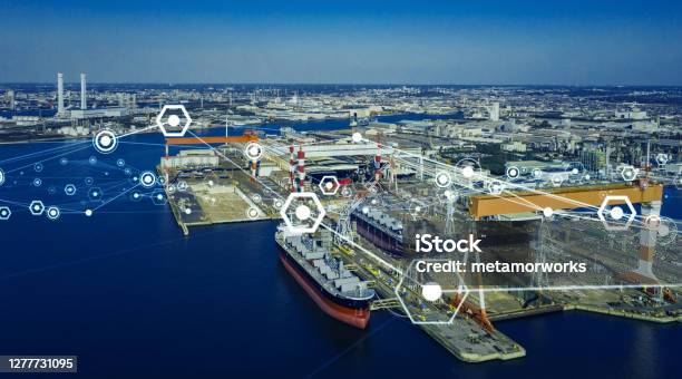 Modern Shipyard Aerial View And Communication Network Concept Logistics Industry 40 Factory Automation Stock Photo - Download Image Now