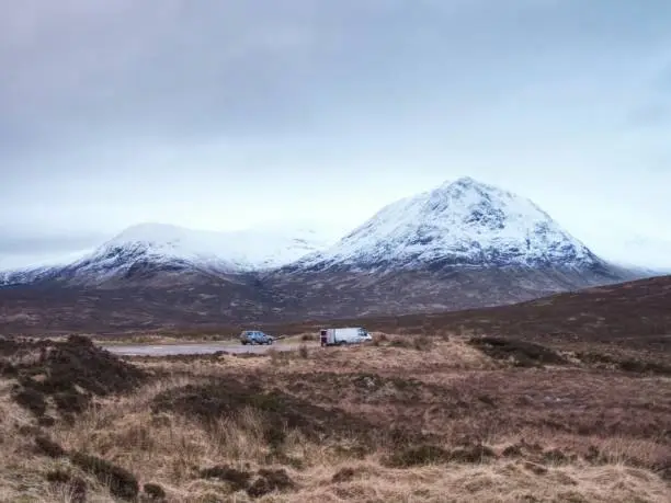 Photo of Cold Winter Day On Meadow At River Coupall At Delta To River Etive Near Glencoe. Scottish Highlands