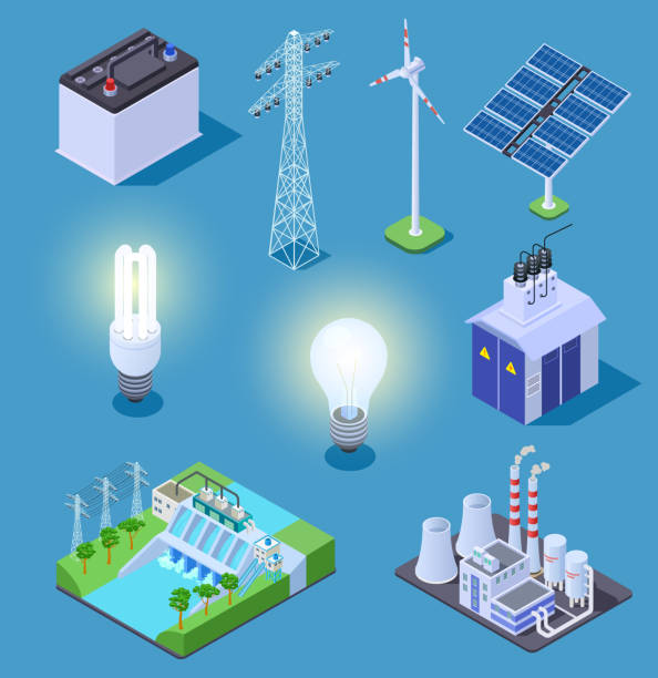 ilustraciones, imágenes clip art, dibujos animados e iconos de stock de iconos isométricos de potencia eléctrica. generador de energía, paneles solares y central térmica, estación hidroeléctrica. símbolos vectoriales eléctricos - hydroelectric power