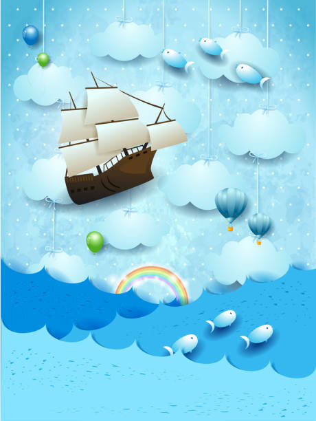 Fantasy seascape with flying ship and fishes Fantasy seascape with flying ship and fishes. Vector illustration eps10 ghost ship stock illustrations