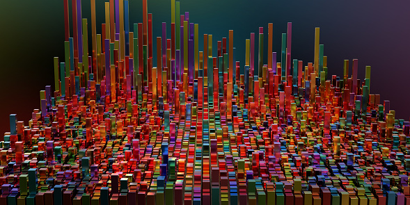 A large arrangement of shiny, metallic, multi-coloured square prisms of varying heights, arranged in a grid pattern, with taller columns furthest away. Against a dark background with subtle colours.