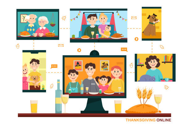 Thanksgiving online. People using video conference service for collective holiday virtual celebration, dinner online with family from home. New normal Thanksgiving celebrate. Thanksgiving online. People using video conference service for collective holiday virtual celebration, dinner online with family from home. New normal Thanksgiving celebrate. Vector illustration. thanksgiving holiday covid stock illustrations