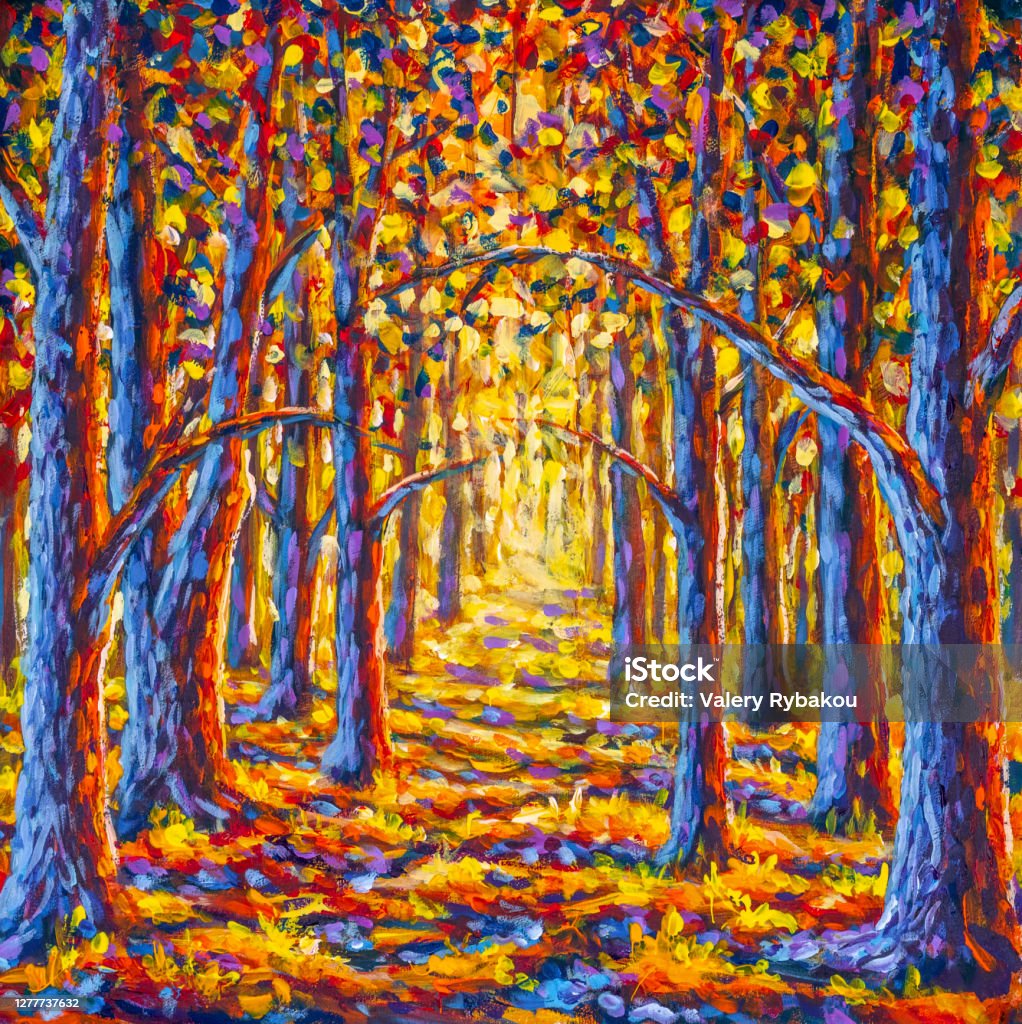 Original impressionism oil painting Gold autumn tree in forest park alley paintings monet nature claude Oil Painting stock illustration