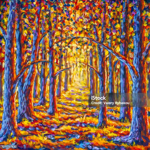 Original Impressionism Oil Painting Gold Autumn Tree In Forest Park Alley Paintings Monet Nature Claude Stock Illustration - Download Image Now