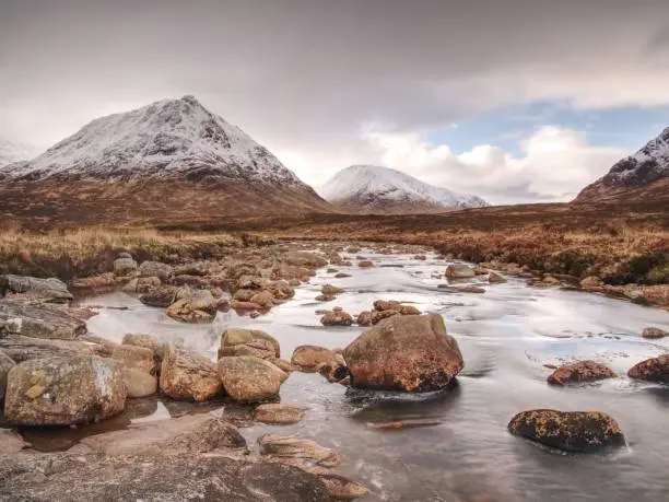 Photo of Cold Day On Meadow At River Coupall At Delta To River Etive Near Glencoe In The Scottish Highlands