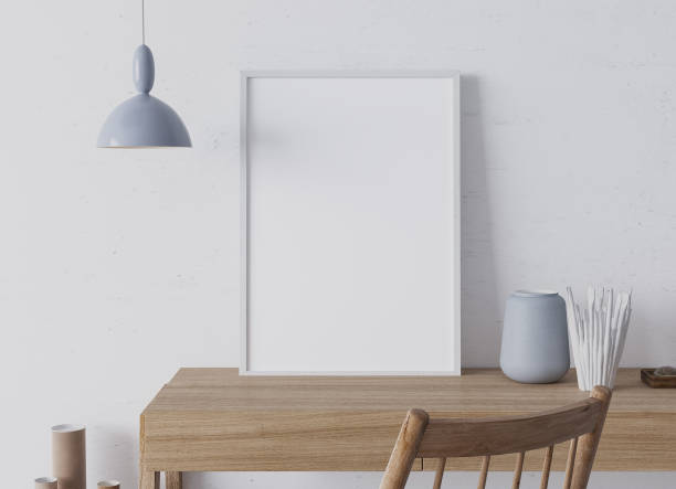 istock mock up frame, wooden desk with empty frame, Scandinavian interior design 1277739540
