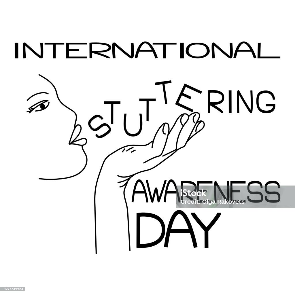International Stuttering Awareness Day, Contour of a human face and hand, thematic inscription in letters of various sizes - Royalty-free Criança Ilustração de stock