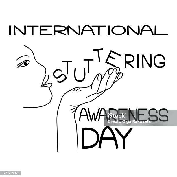 International Stuttering Awareness Day Contour Of A Human Face And Hand Thematic Inscription In Letters Of Various Sizes - Arte vetorial de stock e mais imagens de Criança