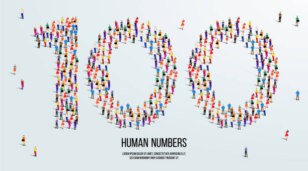 large group of people form to create number 100 or one hundred. people font or number. vector illustration of number 100. large group of people form to create number 100 or one hundred. people font or number. vector illustration of number 100. number 100 stock illustrations
