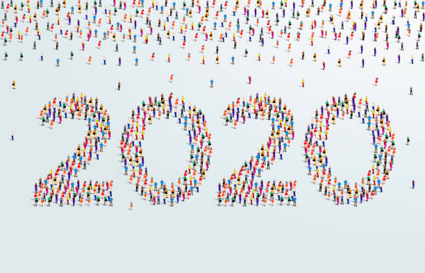 istock Year 2020 or twenty twenty. Large group of people form to create 2020. people font or number. vector illustration. 1277740792