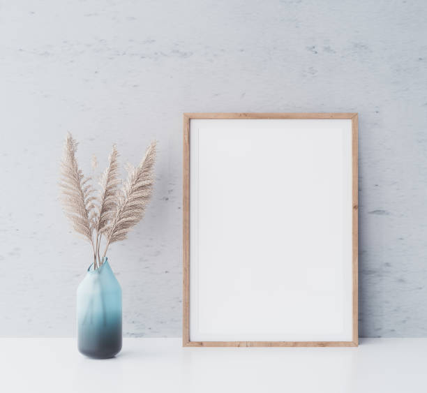 istock Mock up frame in minimal interior with blue vase and dried pampas, Scandinavian style. 1277740868