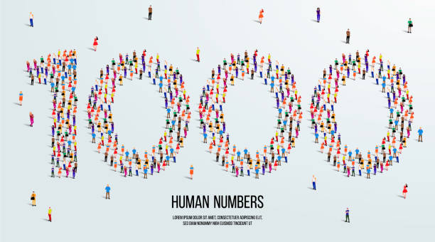 ilustraciones, imágenes clip art, dibujos animados e iconos de stock de un gran grupo de personas se forman para crear el número 1000 o mil. personas fuente o número. ilustración vectorial del número 1000. - número 1000
