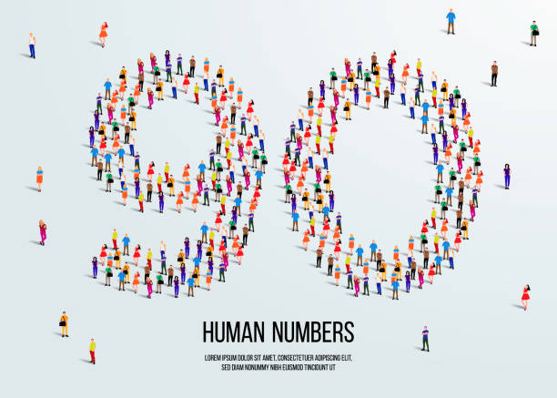 ilustrações de stock, clip art, desenhos animados e ícones de large group of people form to create number 90 or ninety. people font or number. vector illustration of number 90. - 99