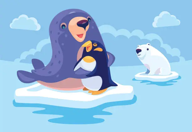 Vector illustration of sea lion hugging penguin