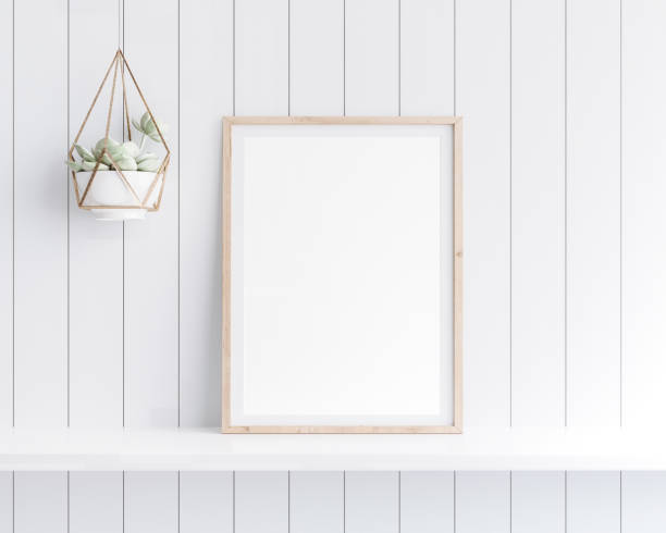 istock Mockup poster frame close up in coastal style interior on white shelf. 1277741344