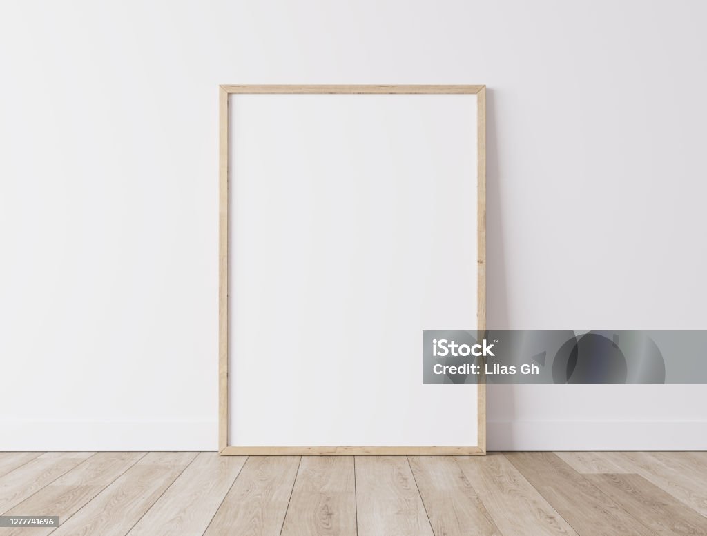 Vertical wooden frame Standing on parquet floor with white background, minimal frame mock up interior Vertical wooden frame Standing on parquet floor with white background, minimal frame mock up interior, 3d render Picture Frame Stock Photo