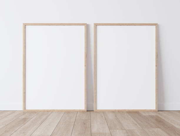 twee verticale houten kaders die zich op parketvloer met witte achtergrond bevinden, minimal frame mock omhoog binnenland - vloerbedekking fotos stockfoto's en -beelden