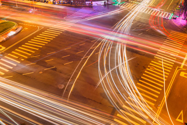 istock Urban zebra crossing car taillight track 1277743097