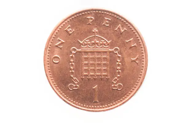 Photo of Tail of a 1 penny english coin on white background