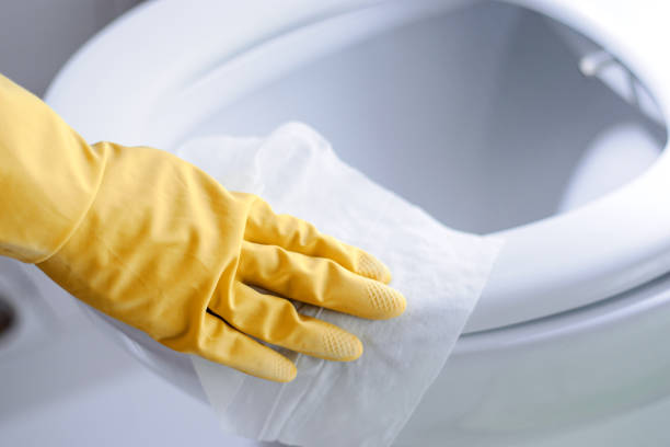 Cleaning the toilet seat cover with wet wipes and gloves Cleaning the toilet seat cover with wet wipes and gloves. Coronavirus and hygiene concept. Horizontal composition with copy space. toilet bowl stock pictures, royalty-free photos & images