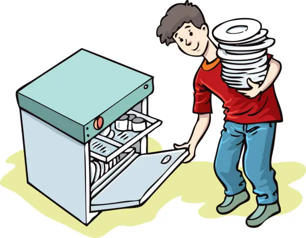Vector illustration of Man put plates in a dishwasher in