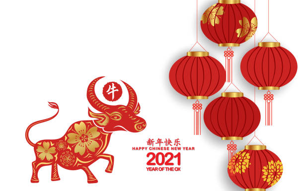 istock Happy Chinese New Year 2021 Background with Lanterns isolated on white background (Chinese translation Happy chinese new year 2021, year of ox) 1277745906