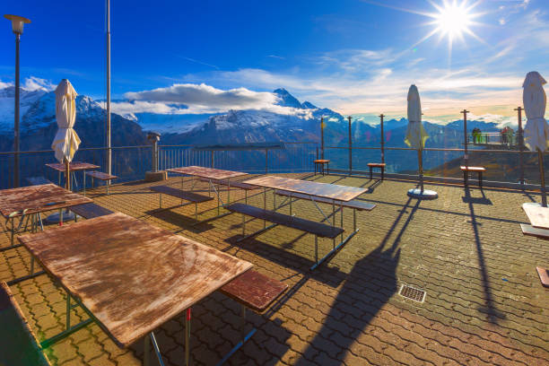 Grindelwald, Switzerland, Jungfraujoch panorama, bar terrace at First, Swiss Alps mountain, snow peaks and sky cliff walk metal bridge