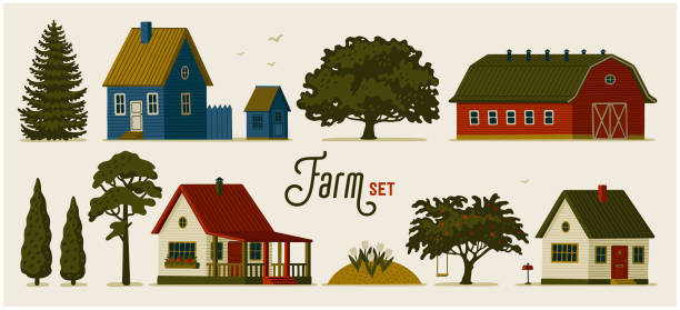ilustraciones, imágenes clip art, dibujos animados e iconos de stock de conjunto de granjas. varias casas rurales, graneros y diferentes árboles - casa rural