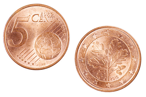 Front and back of the 5 cent Euro coin isolated on a white background