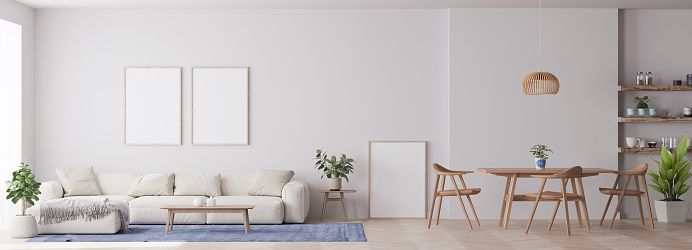 Marco de simulación en el diseño de la sala de estar escandinava, panorama photo