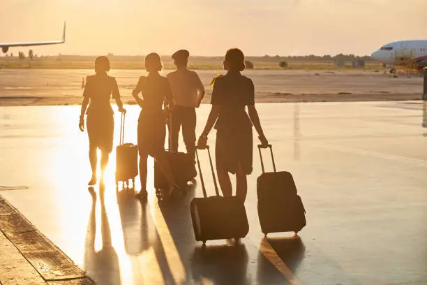 Members of the international airline company carrying their luggage while walking towards the plane