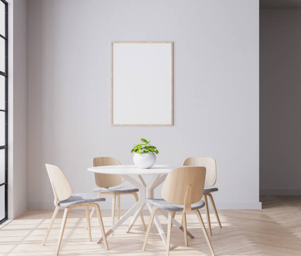 istock Wooden dining room in bright minimal interior room 1277750523