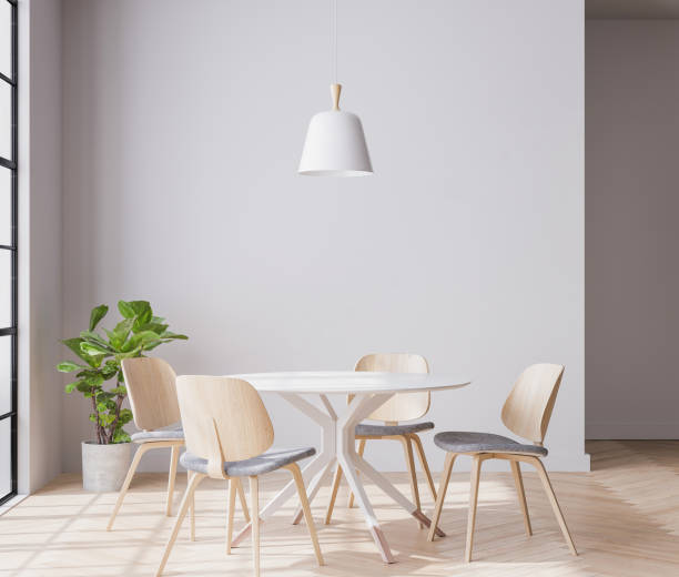 istock Wooden dining room in bright minimal interior room 1277750610