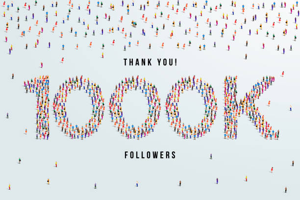 illustrazioni stock, clip art, cartoni animati e icone di tendenza di grazie 1000k o mille k follower. un ampio gruppo di persone si forma per creare illustrazione vettoriale 1000k - mille grazie