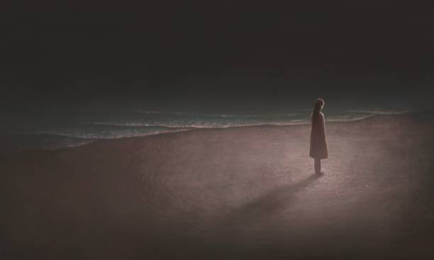 夜の海と一人で女 - 憂鬱点のイラスト素材／クリップアート素材／マンガ素材／アイコン素材