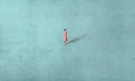Woman alone in blue space, surreal painting, lonely people, loneliness artwork, hope and dream concept illustration, modern background