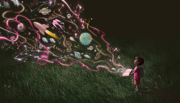 istock Education and learning concept, boy with imagination book, fantasy painting, surreal art, dreamlike illustration 1277753854