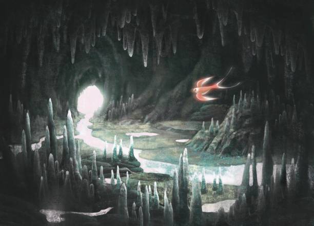 istock Fantasy scene bird flying in cave, painting illustration, surreal artwork, freedom concept 1277754045